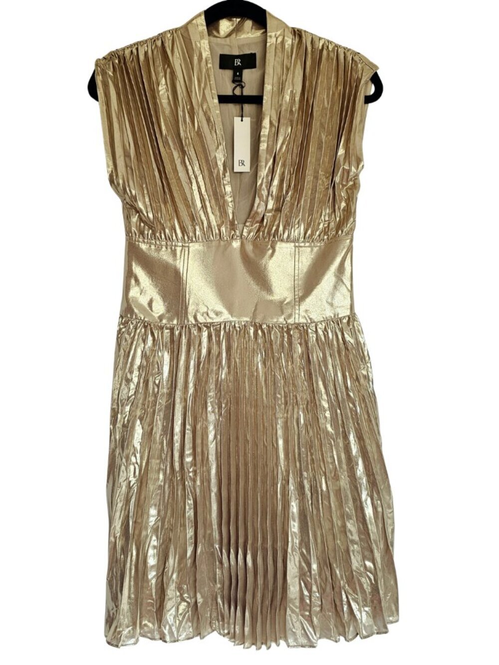 😍 NWT 😍 Banana Republic Sleeveless Pleated Mini Dress, Gold, Size 4 - Picture 5 of 10